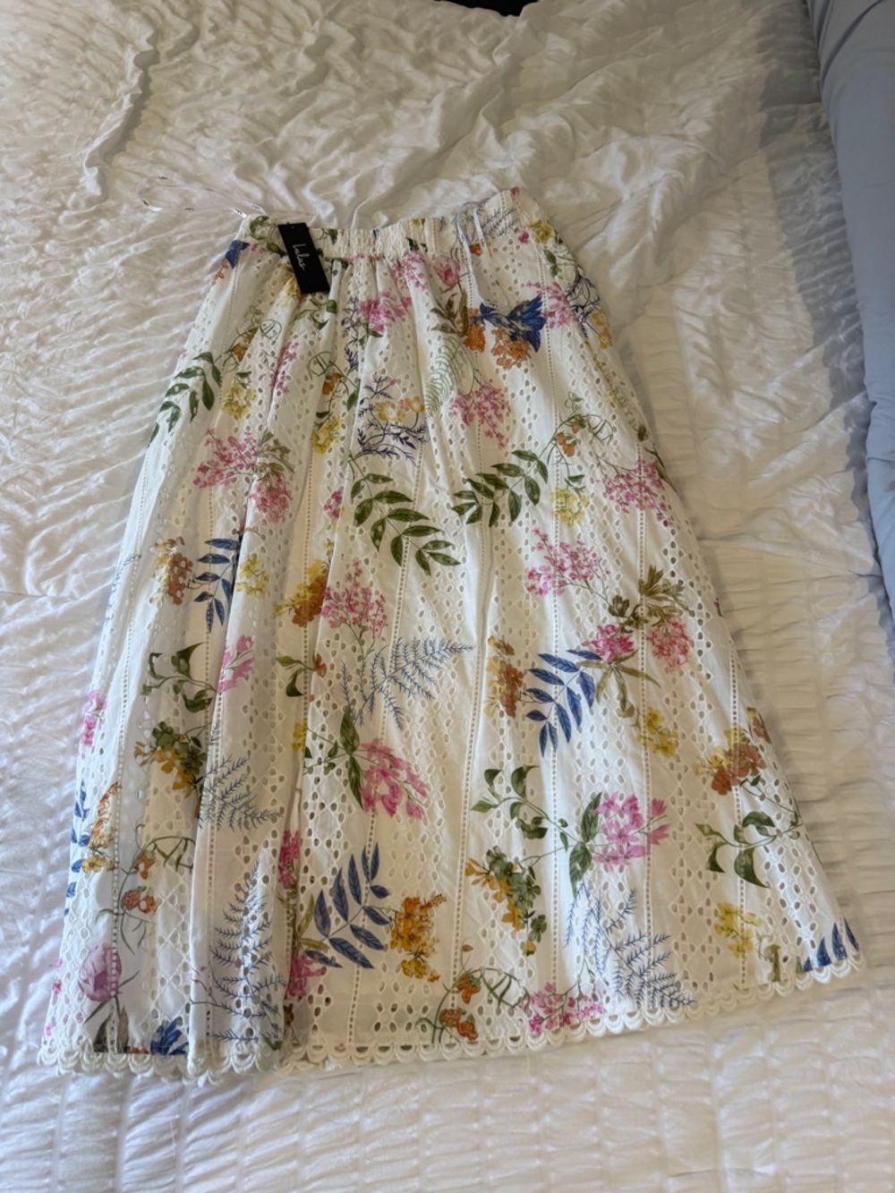 Lulu's White A-Line Eyelet Skirt with Pink, Blue & Yellow Floral Print - Picture 3 of 5